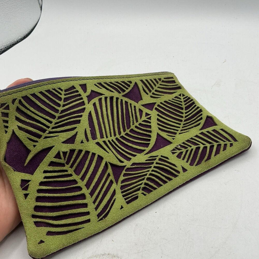 Dallaiti Italy Suede Leather Leaf Cutout Zip Clutch Pouch Green Purple